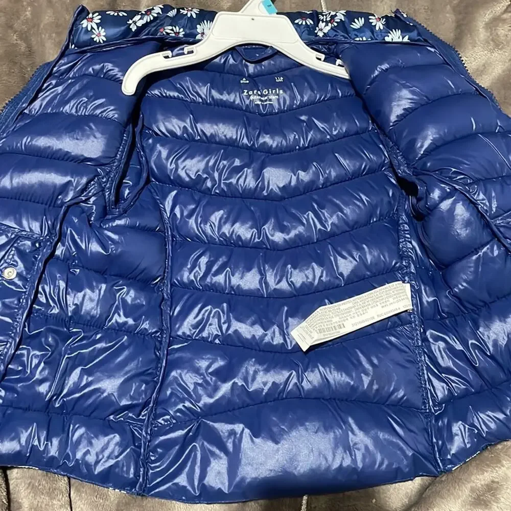 Zara girls 6 blue white floral front zip with pockets puffer jacket euc